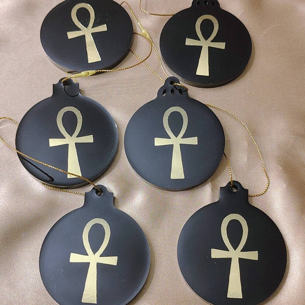 Set of 6 Ankh Christmas & Kwanzaa Ornaments – Metallic Gold African Heritage